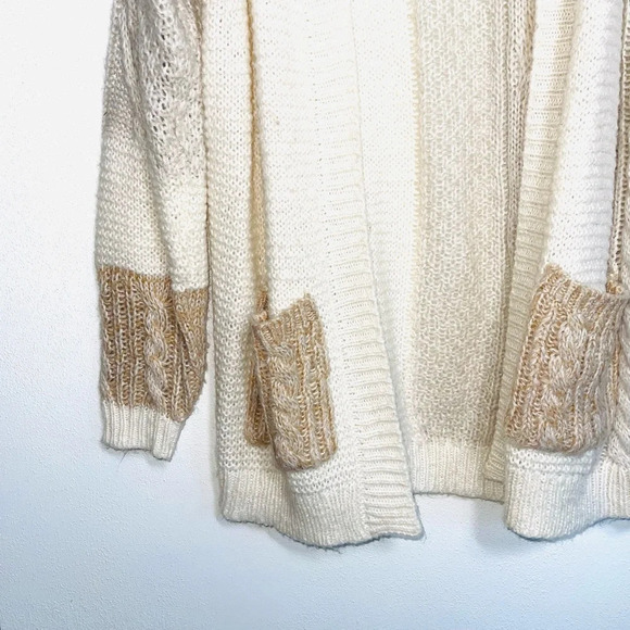 Maurices Cream & Tan Patchwork Pocket Tight Knit Cardigan Medium Women’s - Picture 5 of 11